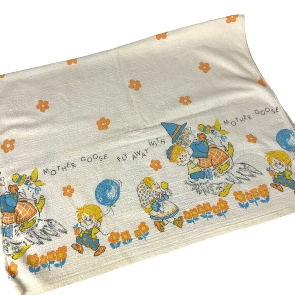 Vintage 60s Mother Goose Baby Receiving Blanket 25x39 White Cotton Nursery Decor - Picture 1 of 3